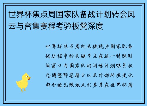 世界杯焦点周国家队备战计划转会风云与密集赛程考验板凳深度
